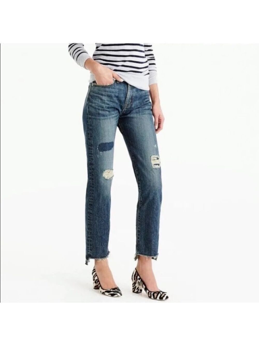 Point Sur Shoreditch Straight Leg Raw Hem Denim Jeans Patch Distressed sz 28